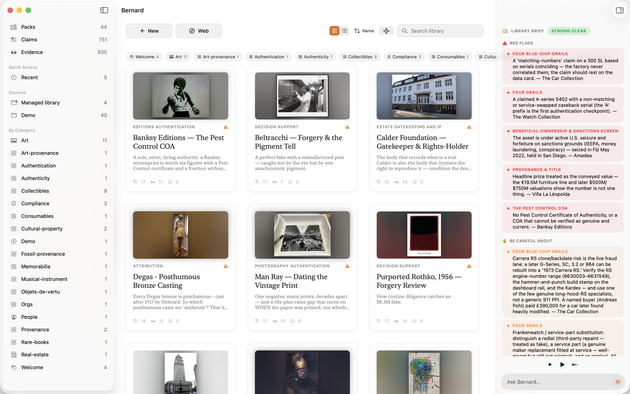 The Bernard macOS app: a library of art-diligence cases including Banksy editions, a Beltracchi forgery, a Calder Foundation review, a Degas posthumous bronze, a Man Ray print, and a purported Rothko forgery review.